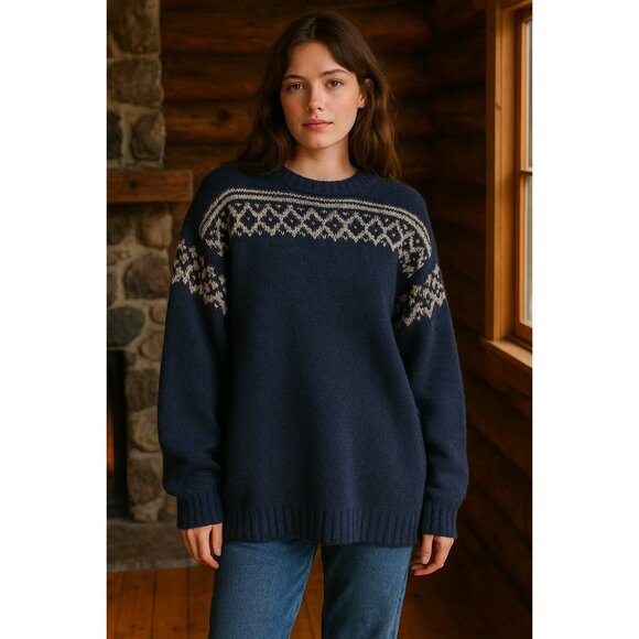 Vintage Structure Shetland Wool Sweater Navy Blue Fair Isle Nordic Knit Pullover - Picture 1 of 7